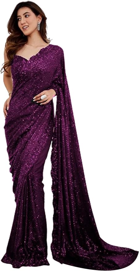 Partywear Wine Bollywood Sequin Saree with Stitched Blouse