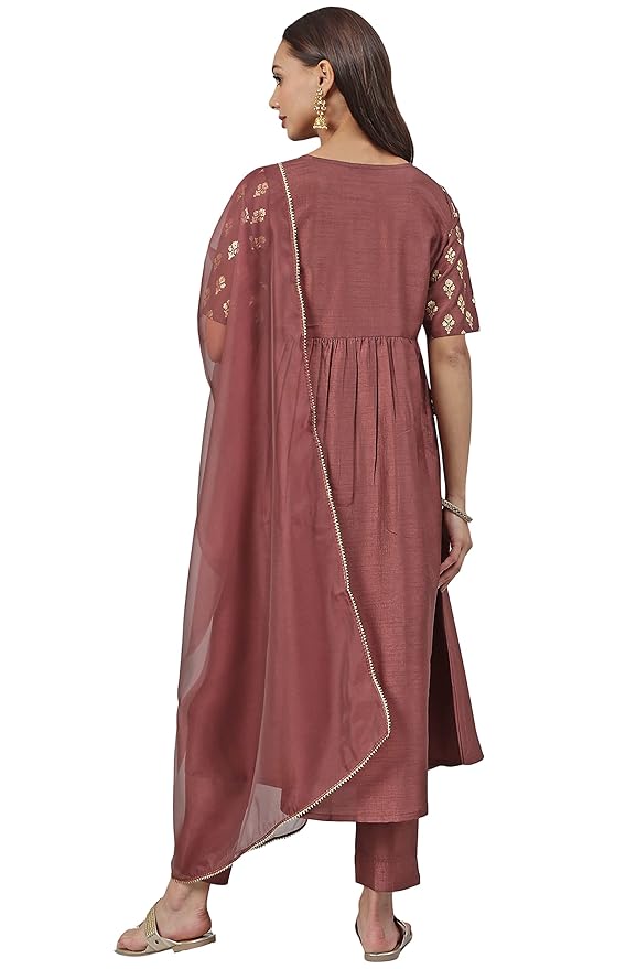 Brown Foil Print Kurta with Pant and Dupatta