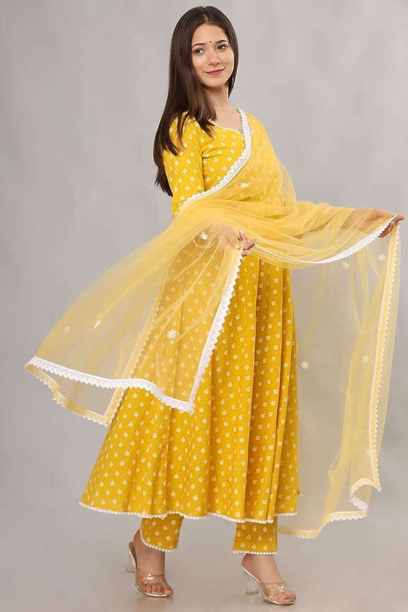 Women's Cotton Anarkali Kurta with Pants and Dupatta