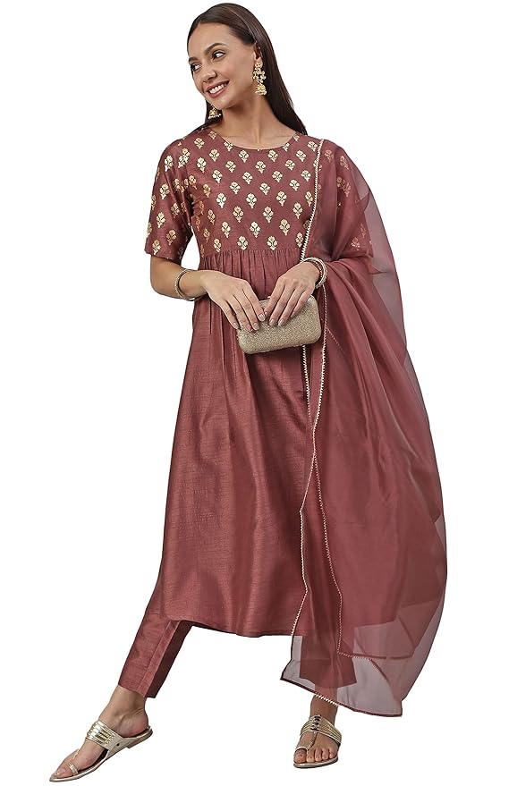 Brown Foil Print Kurta with Pant and Dupatta