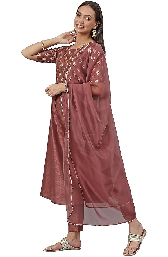 Brown Foil Print Kurta with Pant and Dupatta