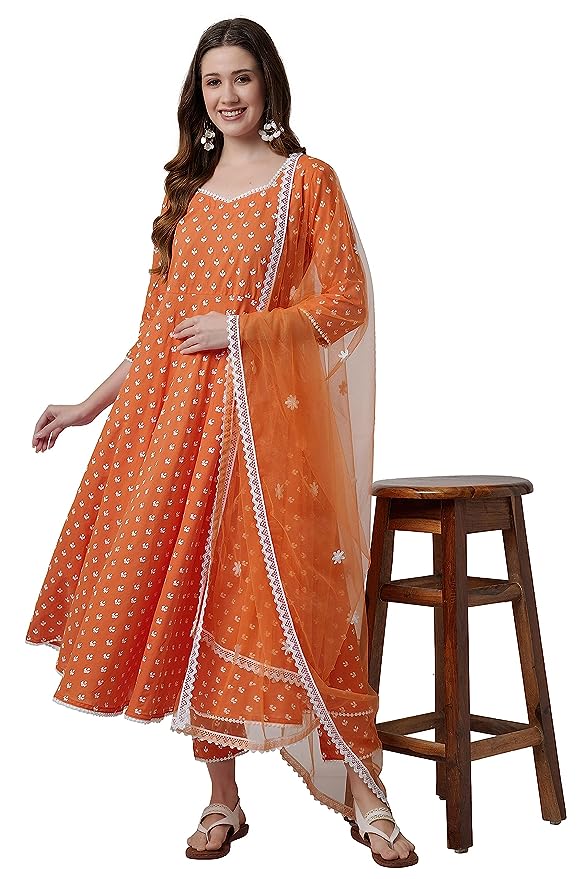 Women's Cotton Anarkali Kurta with Pants and Dupatta