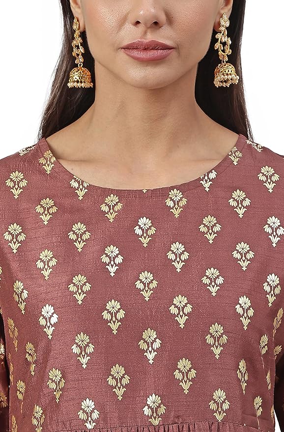 Brown Foil Print Kurta with Pant and Dupatta