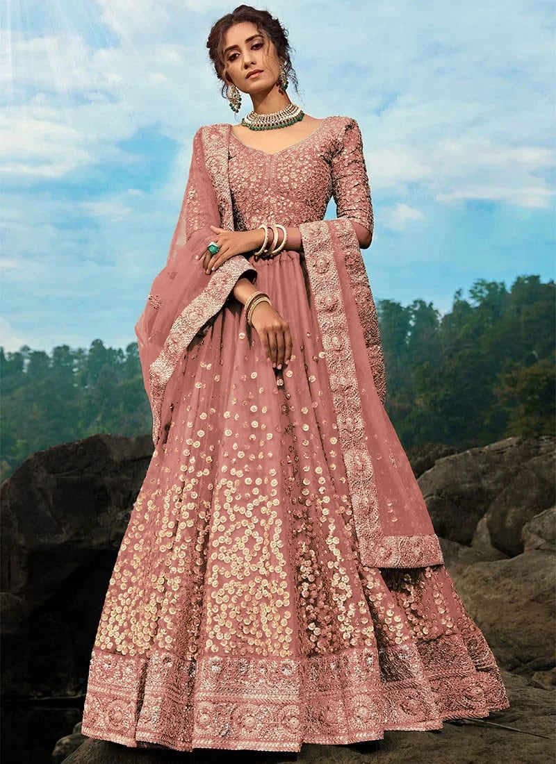 Mauve Net Embroidered Lehenga