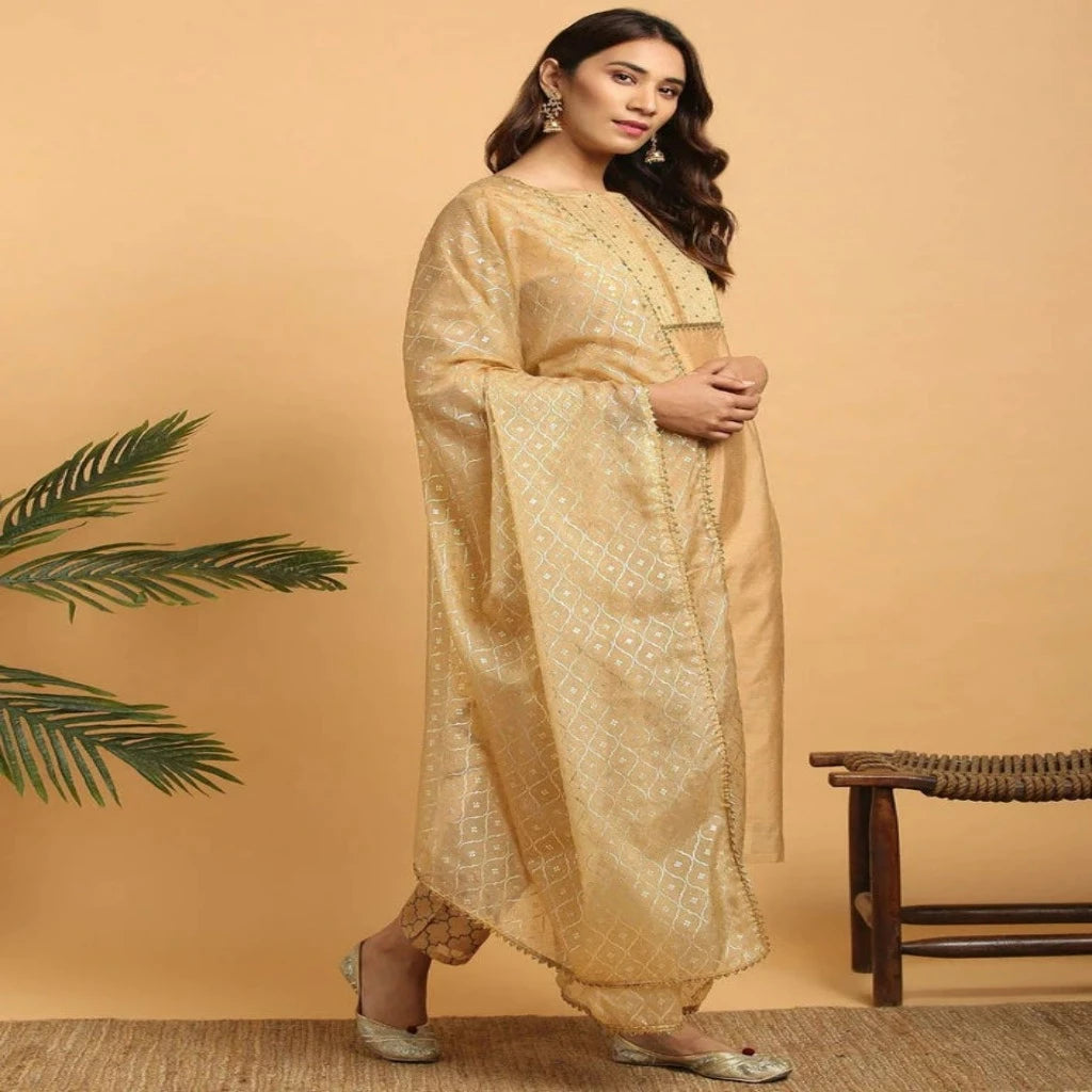 Golden Chanderi Silk Kurta and Pant Set with Dupatta