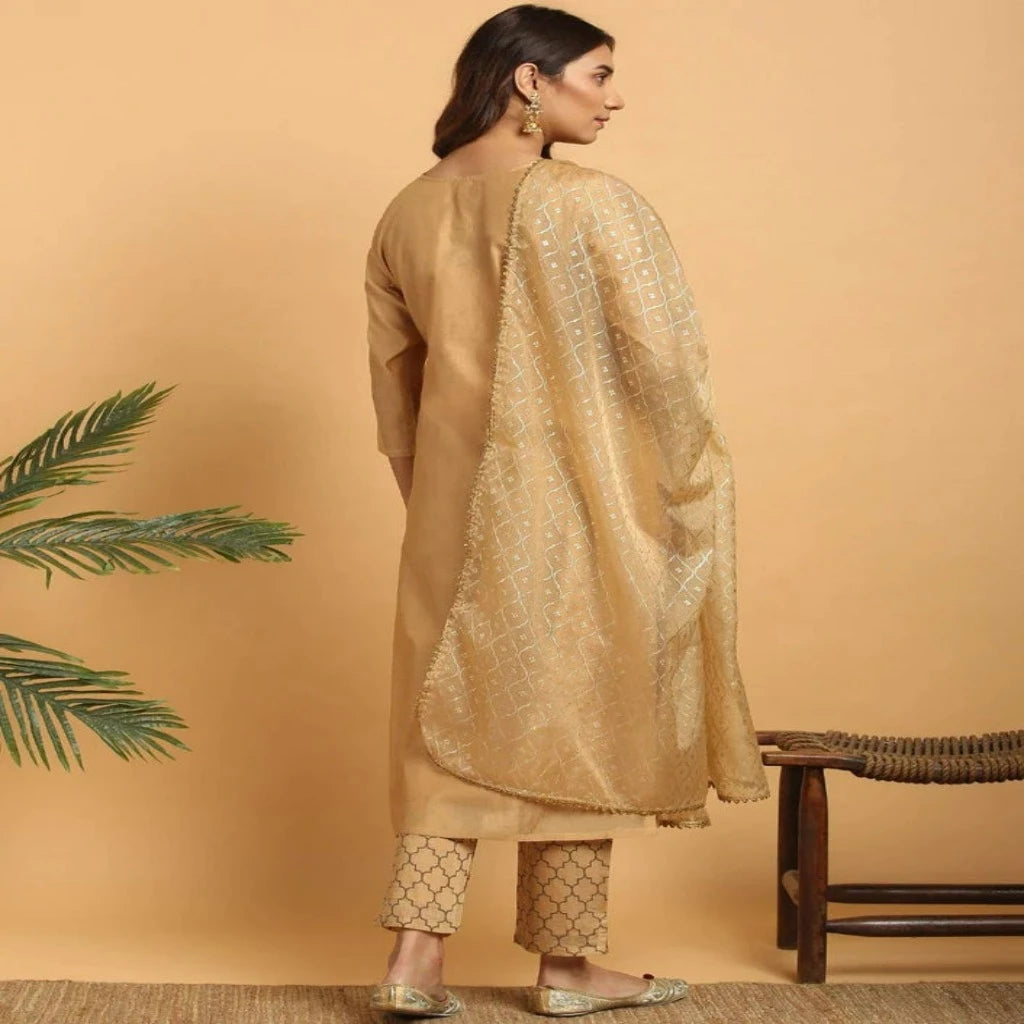 Golden Chanderi Silk Kurta and Pant Set with Dupatta