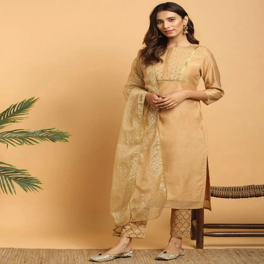 Golden Chanderi Silk Kurta and Pant Set with Dupatta