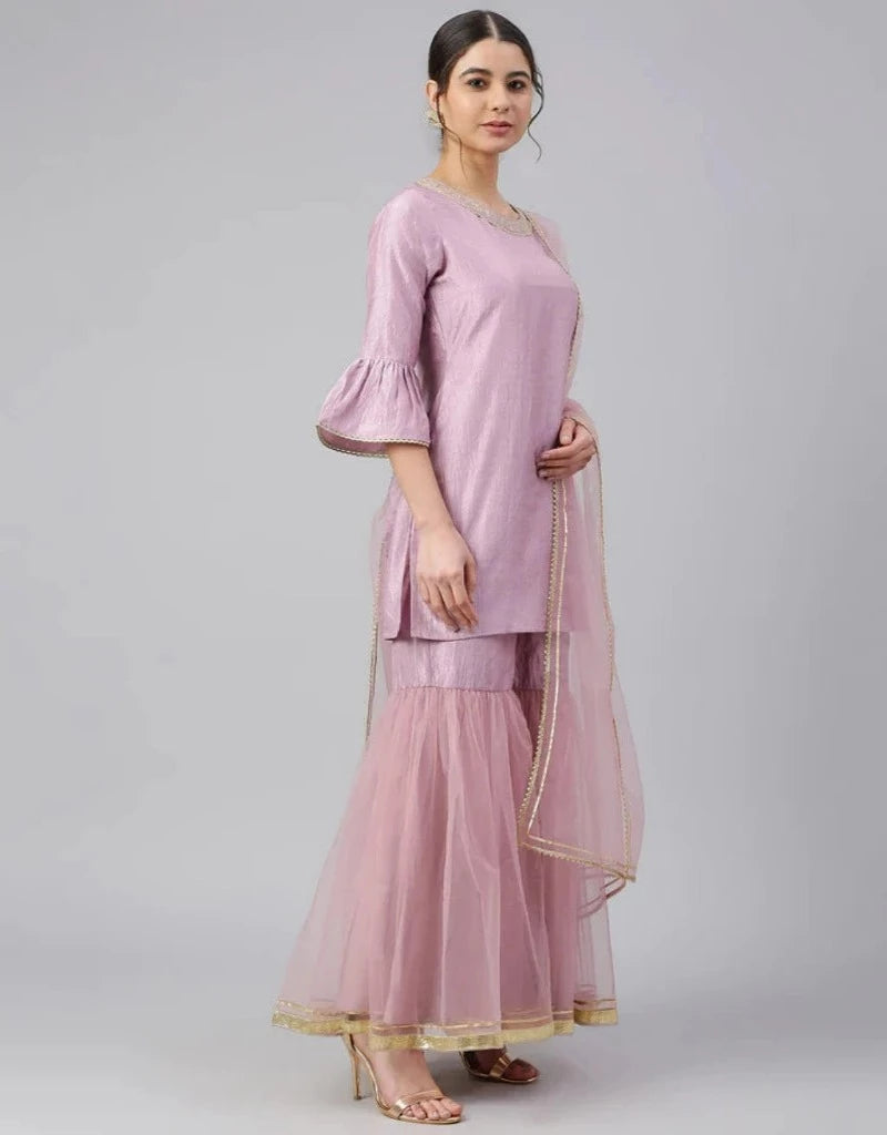 Lilac Silk Kurta and Sharara Set with Dupatta