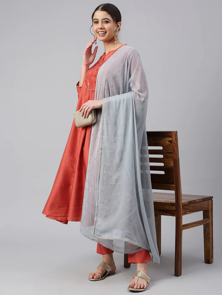 Soft Silk Flared Kurta and pant set with Dupatta