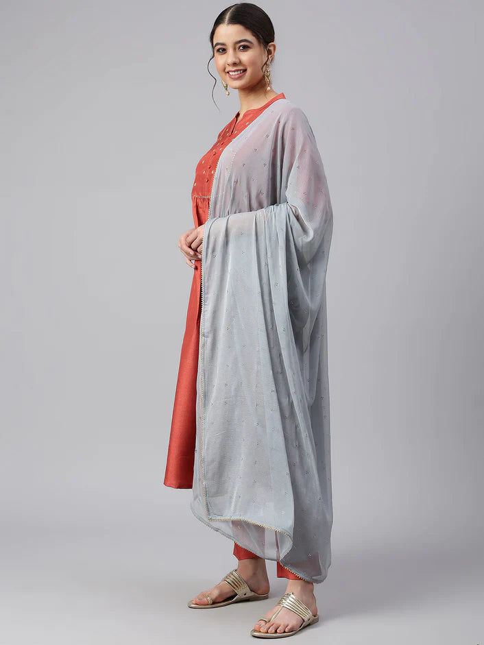 Soft Silk Flared Kurta and pant set with Dupatta