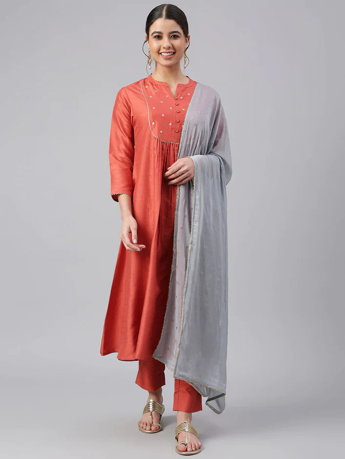 Soft Silk Flared Kurta and pant set with Dupatta