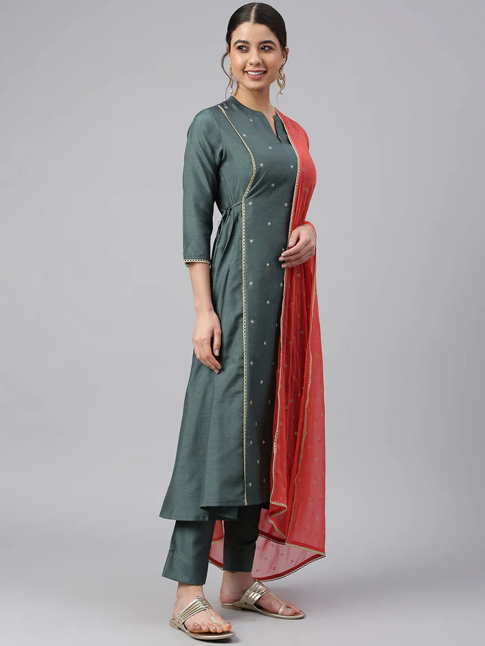 Flared Green Kurta Set with Dupatta