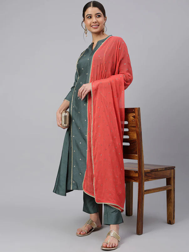 Flared Green Kurta Set with Dupatta