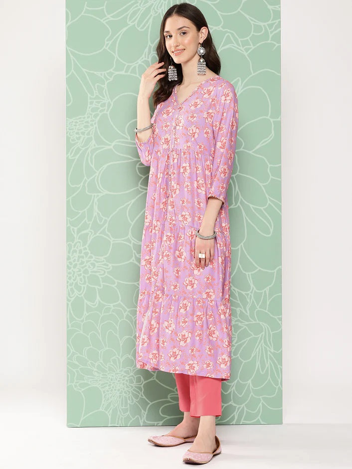 Lilac floral print Kurta set with dupatta