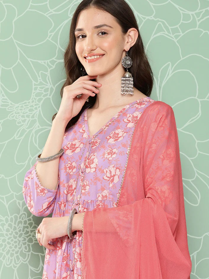 Lilac floral print Kurta set with dupatta