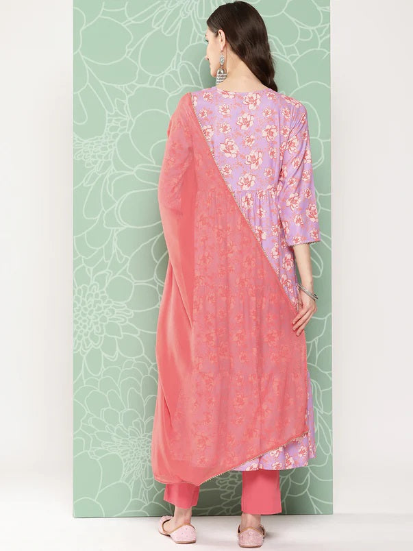 Lilac floral print Kurta set with dupatta