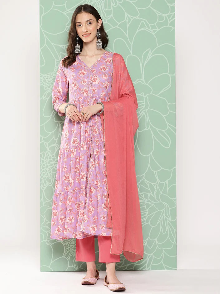 Lilac floral print Kurta set with dupatta