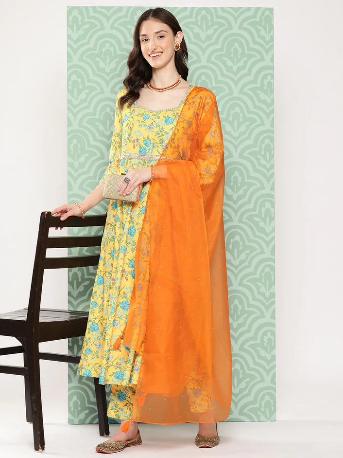 Floral Anarkali Kurta and Pant set with Dupatta