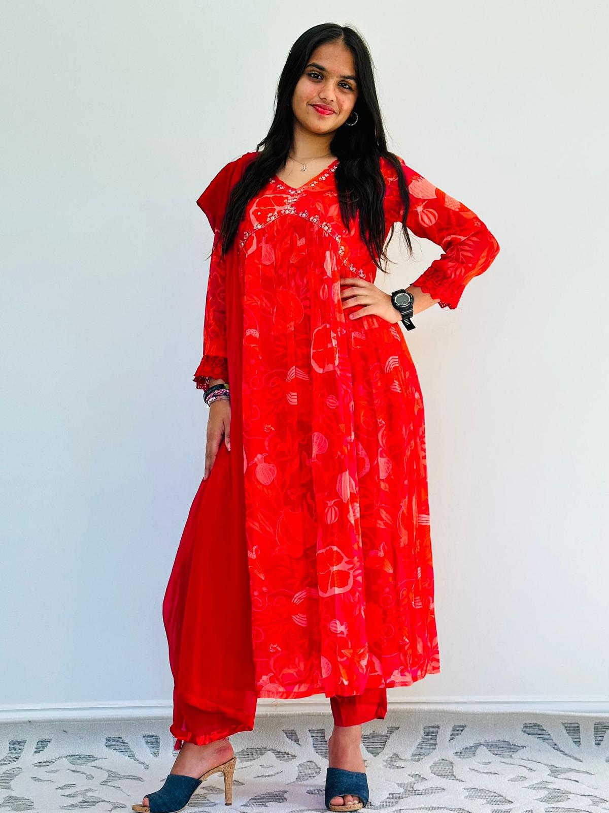 Red Alia cut Kurta Set with Dupatta