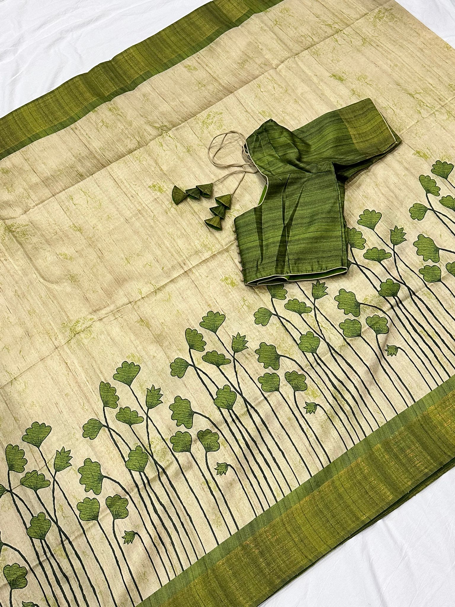 Gorgeous Green Tussar Silk Saree with Stitched Blouse