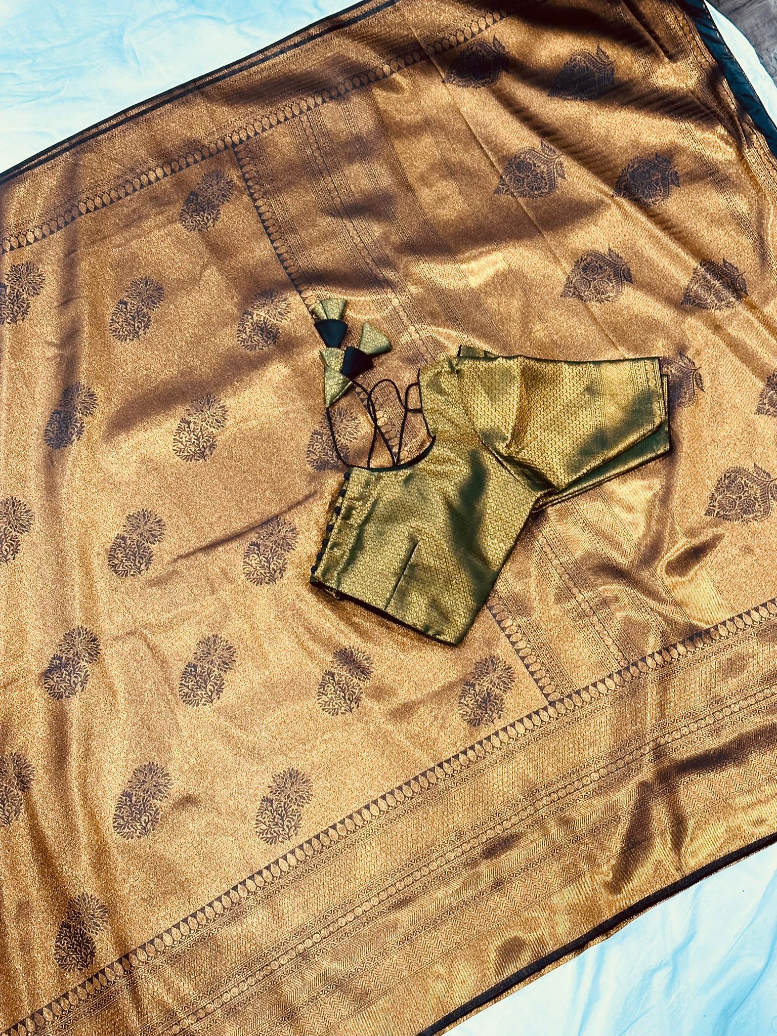 Partywear Copper Kubera Soft Silk Saree with Stitched Blouse