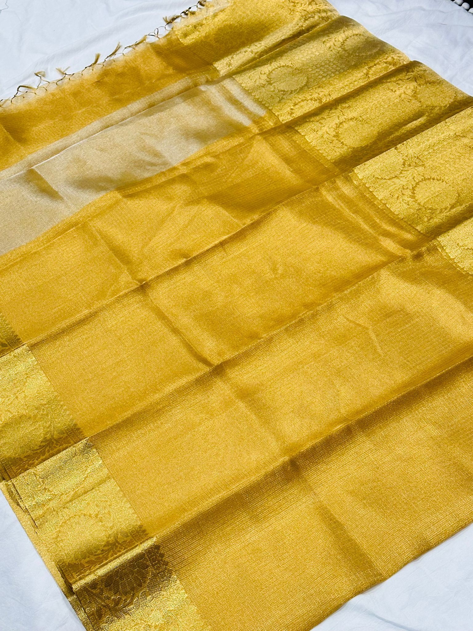 Blooming Yellow Tissue Silk Saree with Stitched blouse