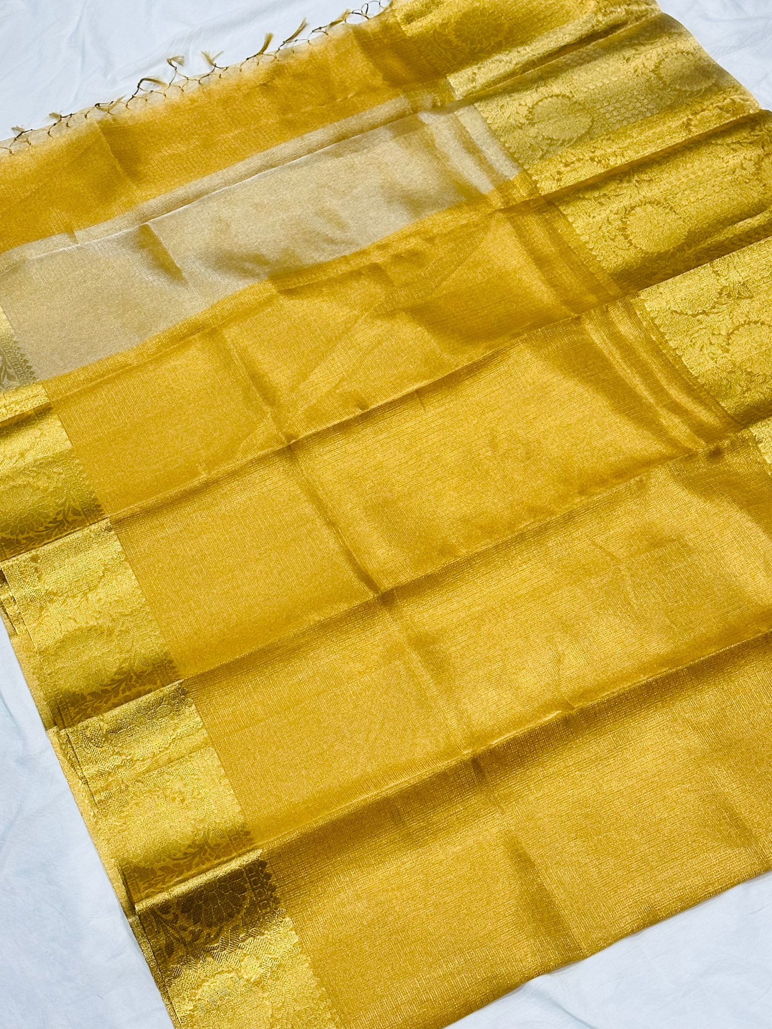 Blooming Yellow Tissue Silk Saree with Stitched blouse