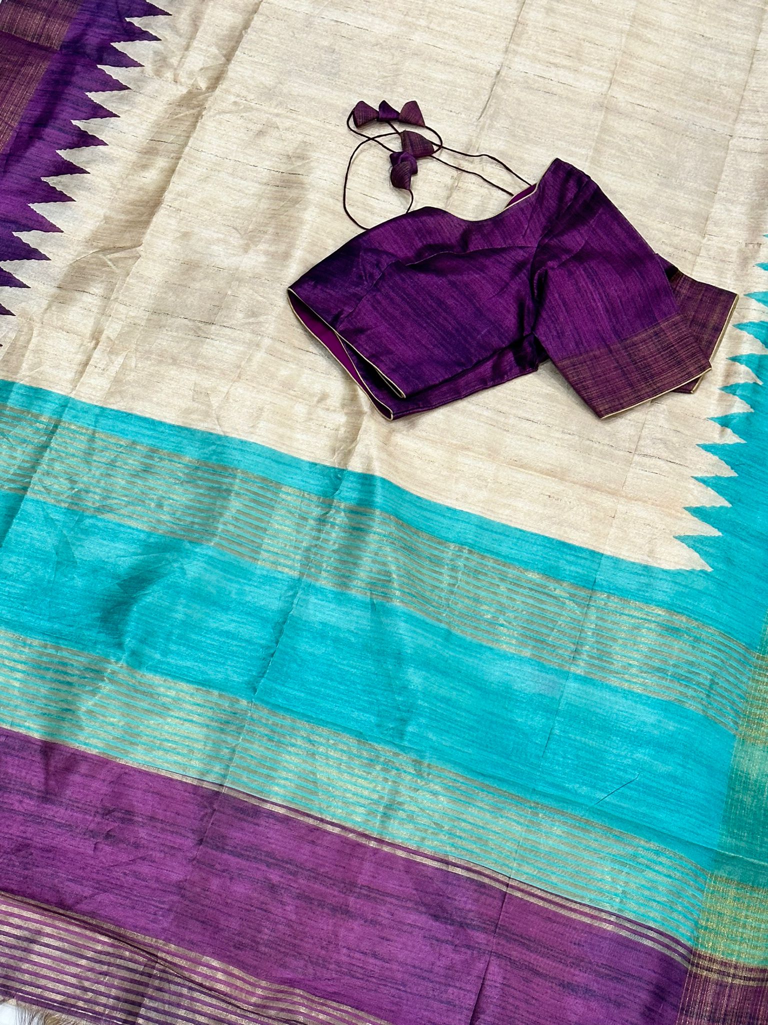 Munga Muslin Tussar Silk Saree with Stitched Blouse