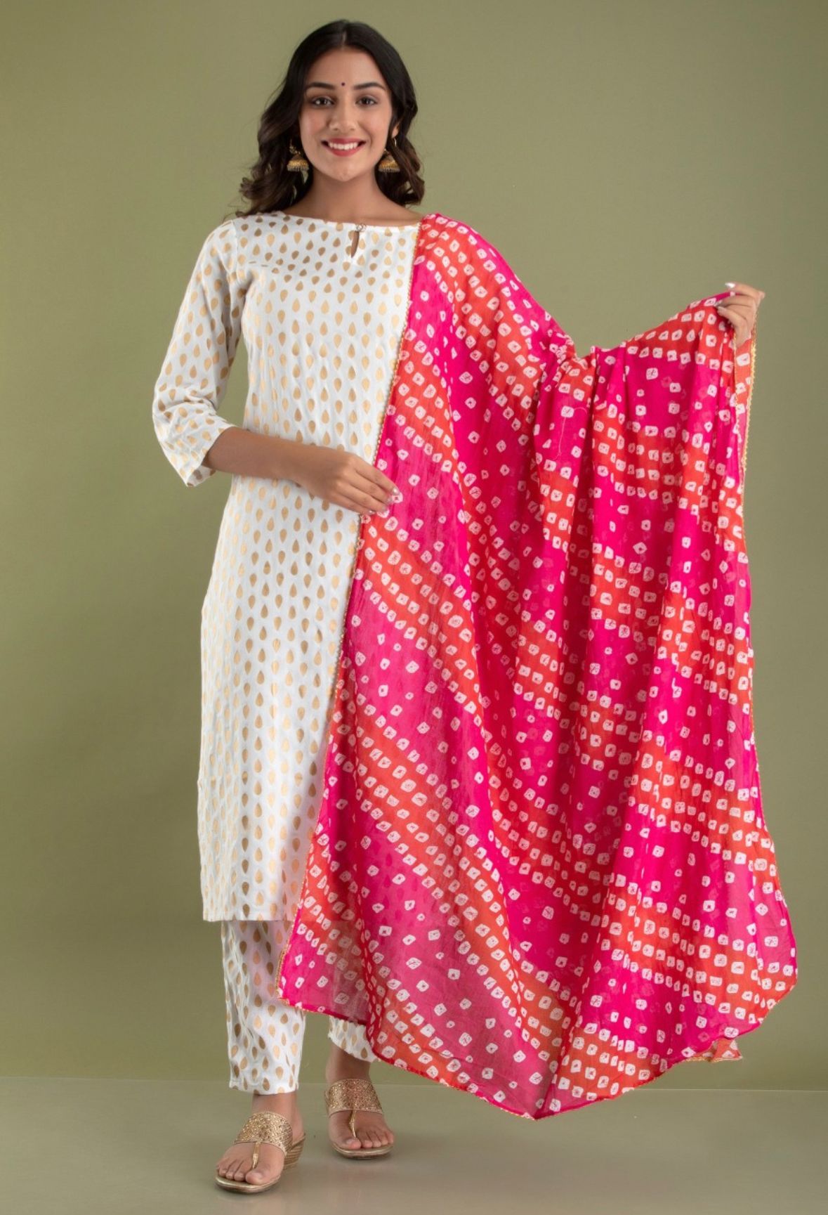 White foil printed Kurta with Pant and Dupatta