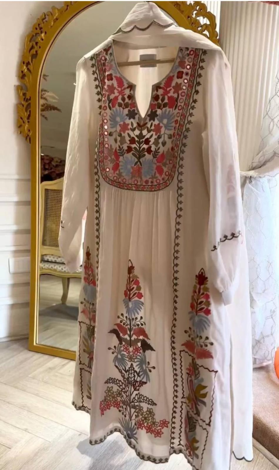 Pakistani Floral Embroidery Kurta and Pant Set with Dupatta