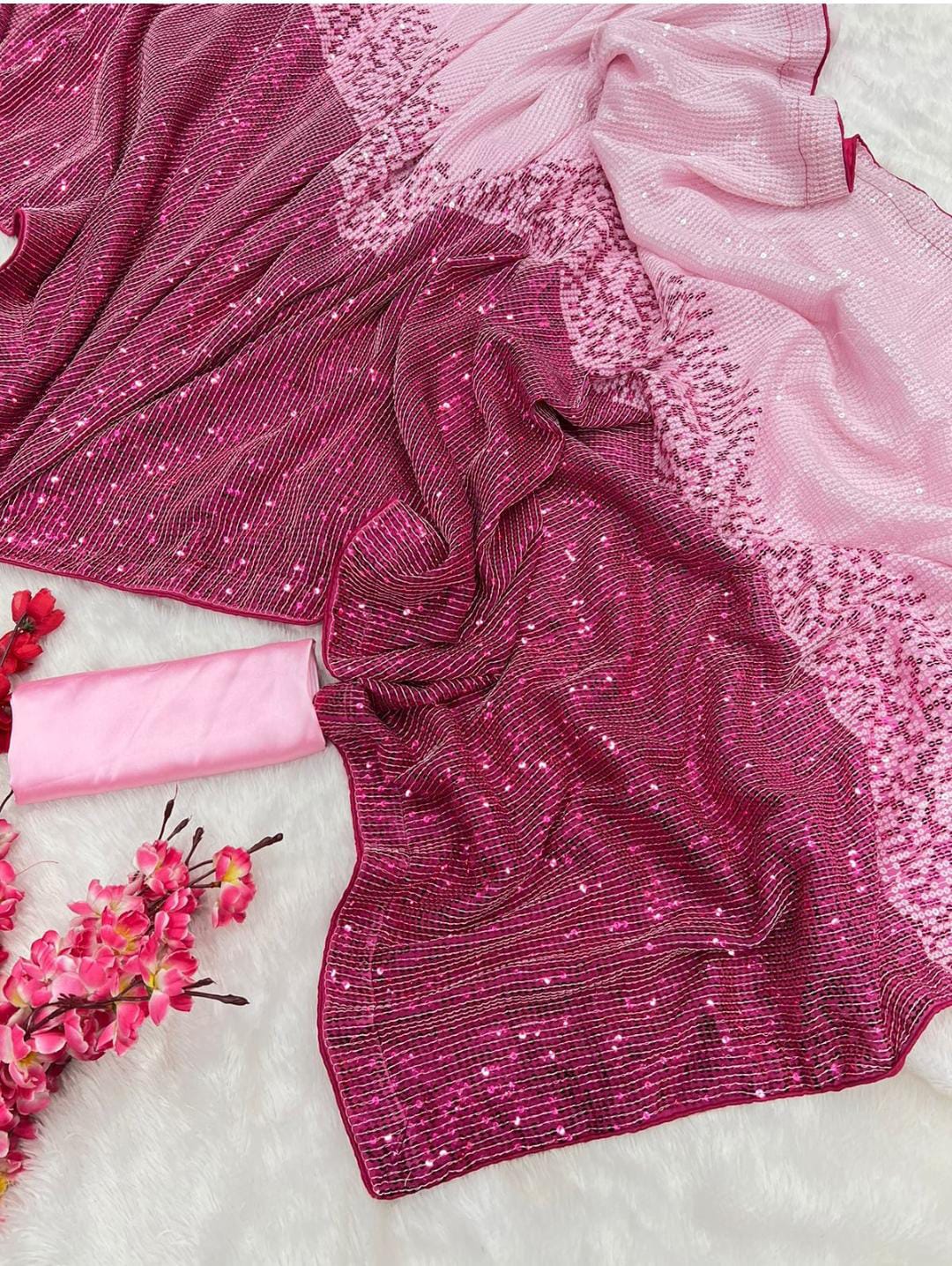 Dual Tone Pink Sequin Saree with Stitched blouse