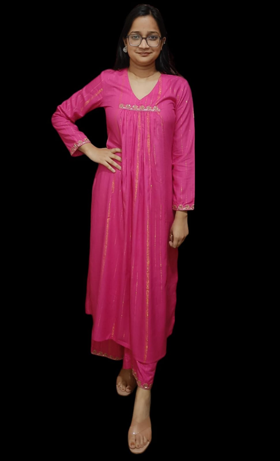 Hot Pink Flared Embroidered Kurta and Pant