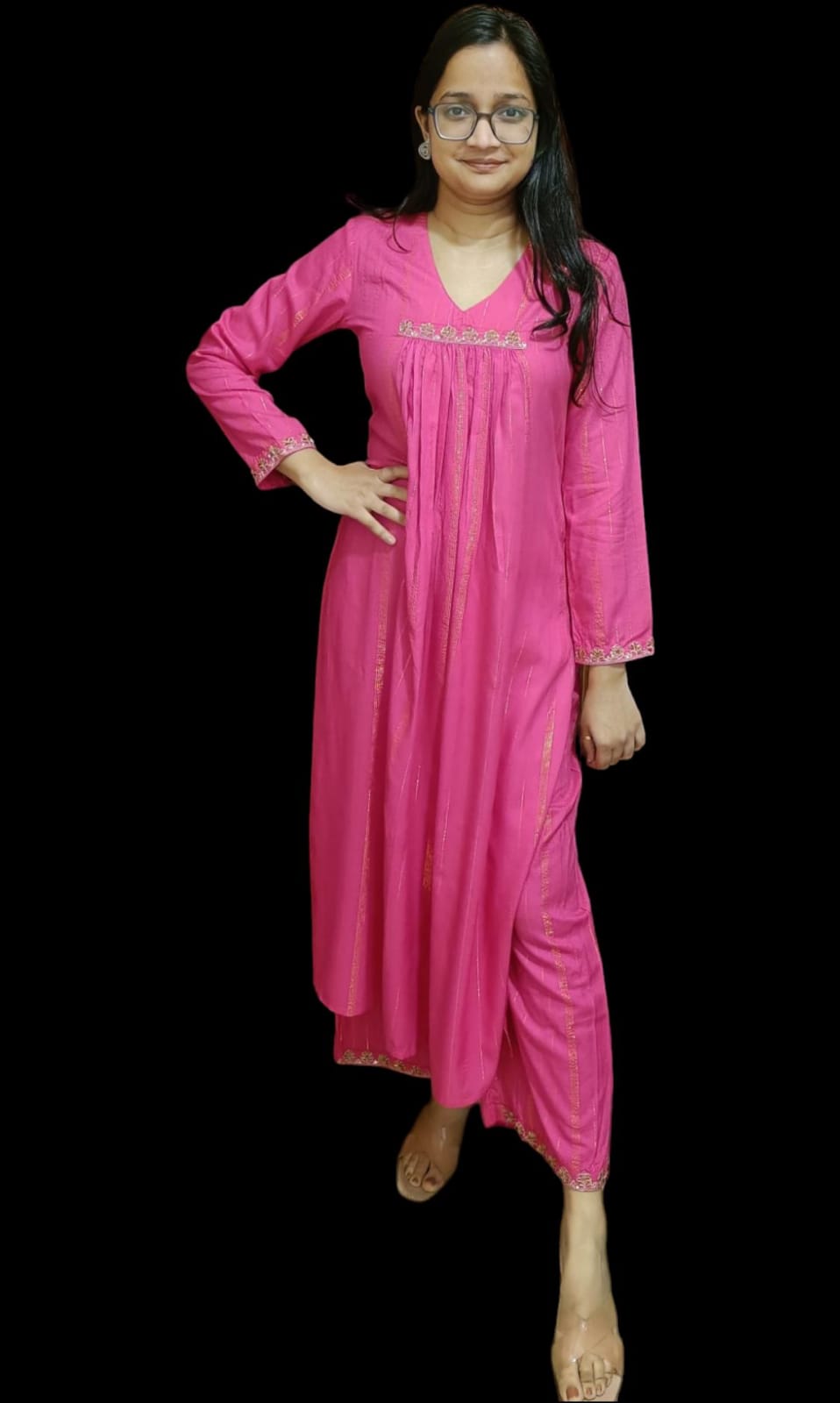 Hot Pink Flared Embroidered Kurta and Pant