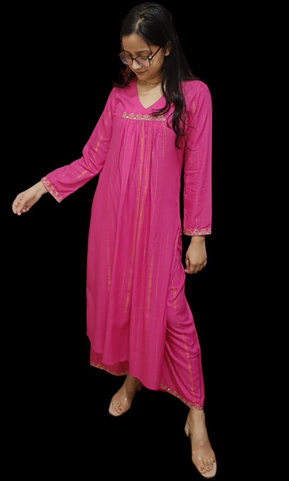 Hot Pink Flared Embroidered Kurta and Pant