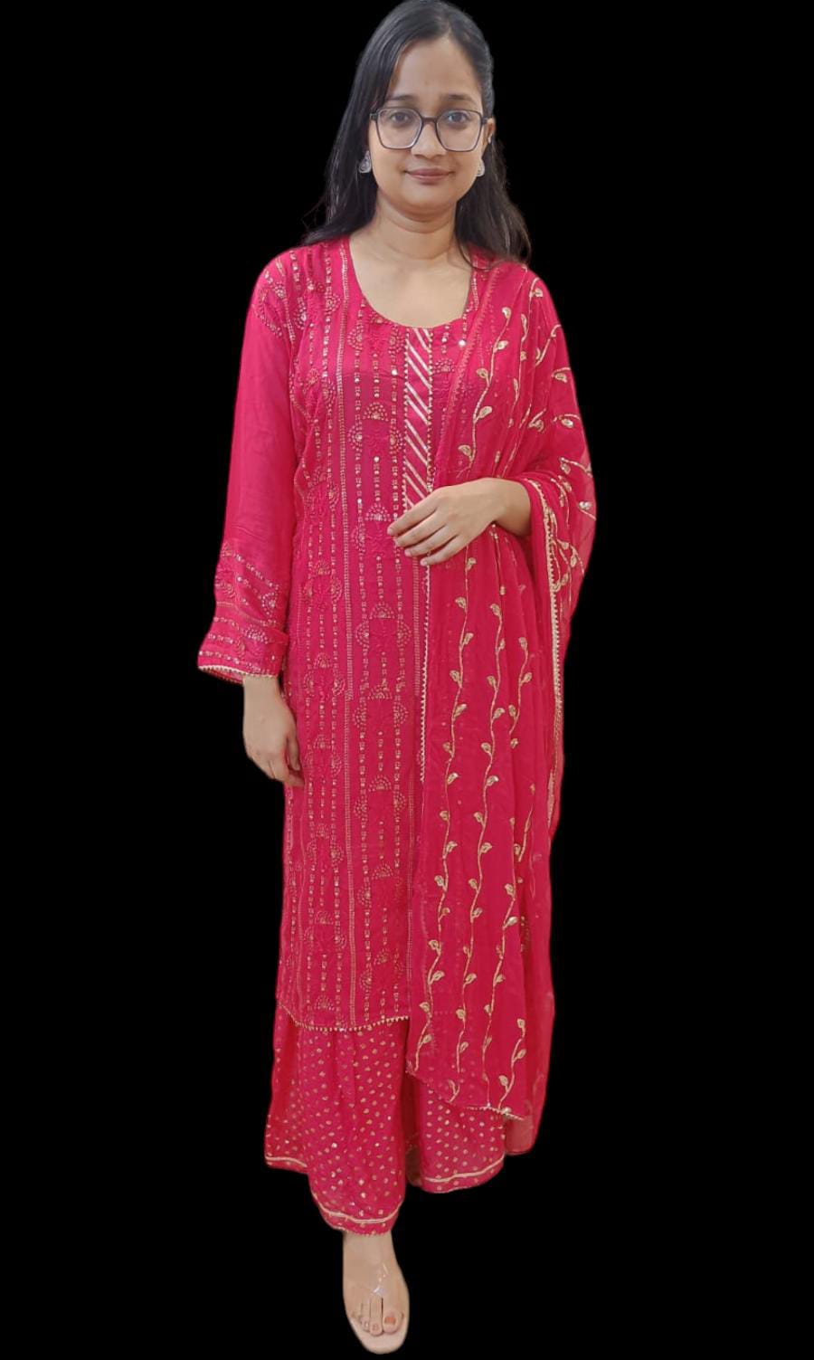 Hot Pink Sequin Embroidered Kurta and Sharara with Dupatta