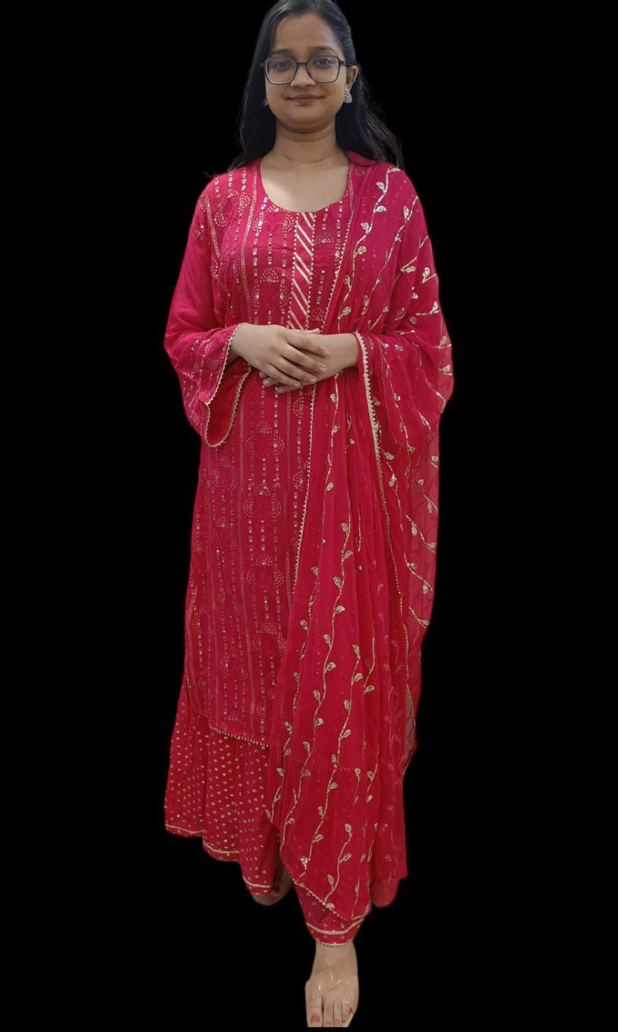 Hot Pink Sequin Embroidered Kurta and Sharara with Dupatta