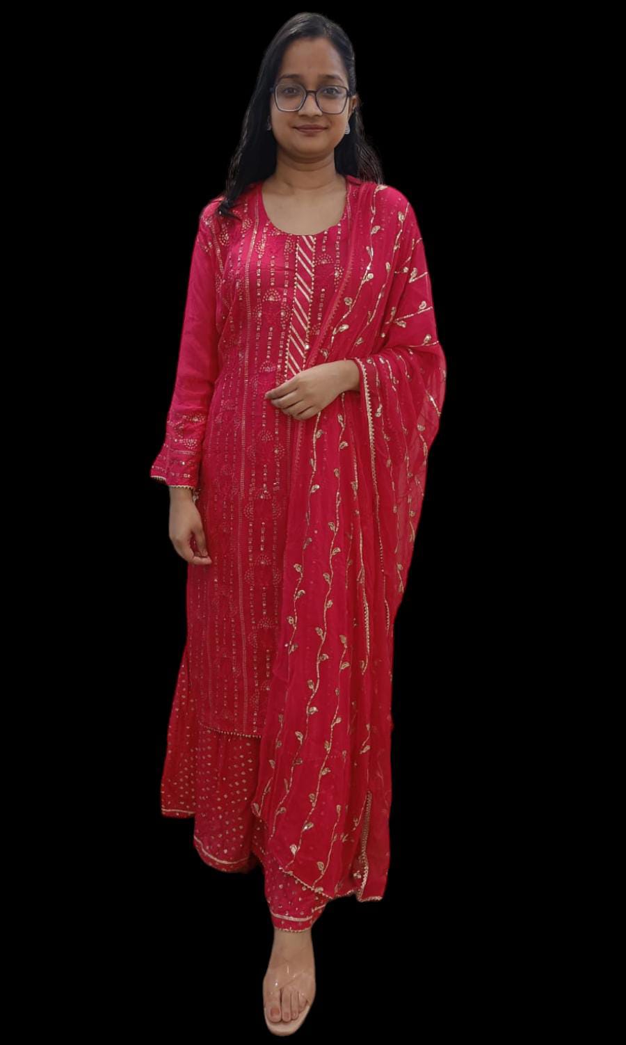 Hot Pink Sequin Embroidered Kurta and Sharara with Dupatta