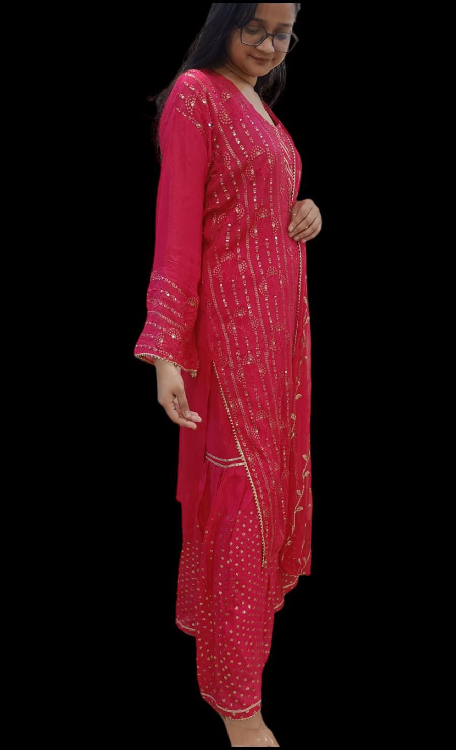 Hot Pink Sequin Embroidered Kurta and Sharara with Dupatta