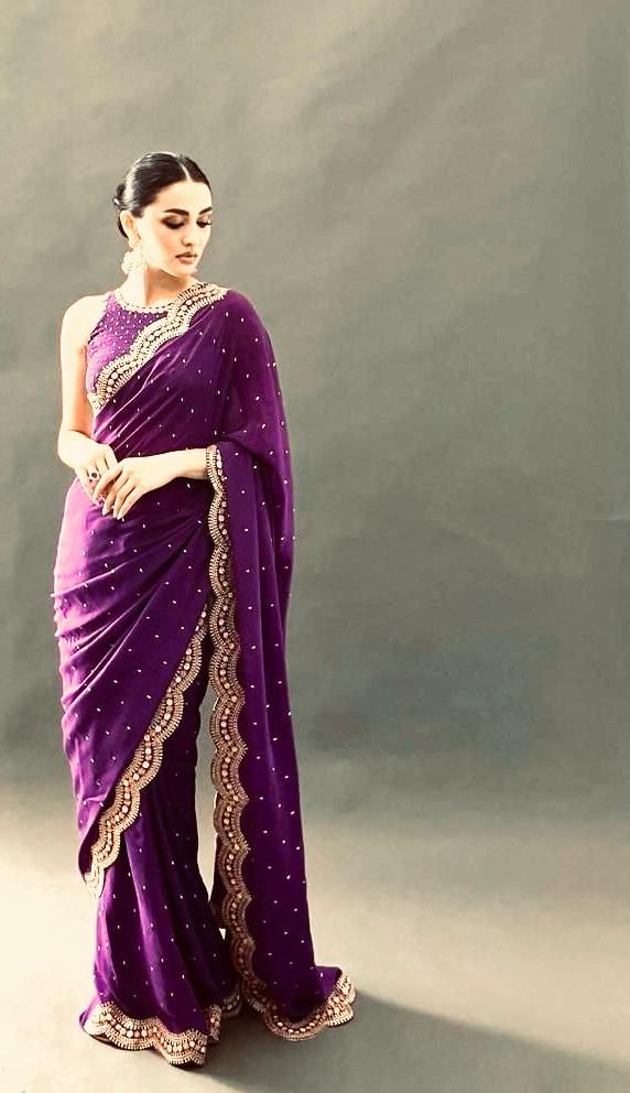 Purple Partywear Pearl Saree with Stitched Blouse