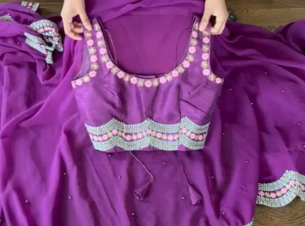 Purple Partywear Pearl Saree with Stitched Blouse