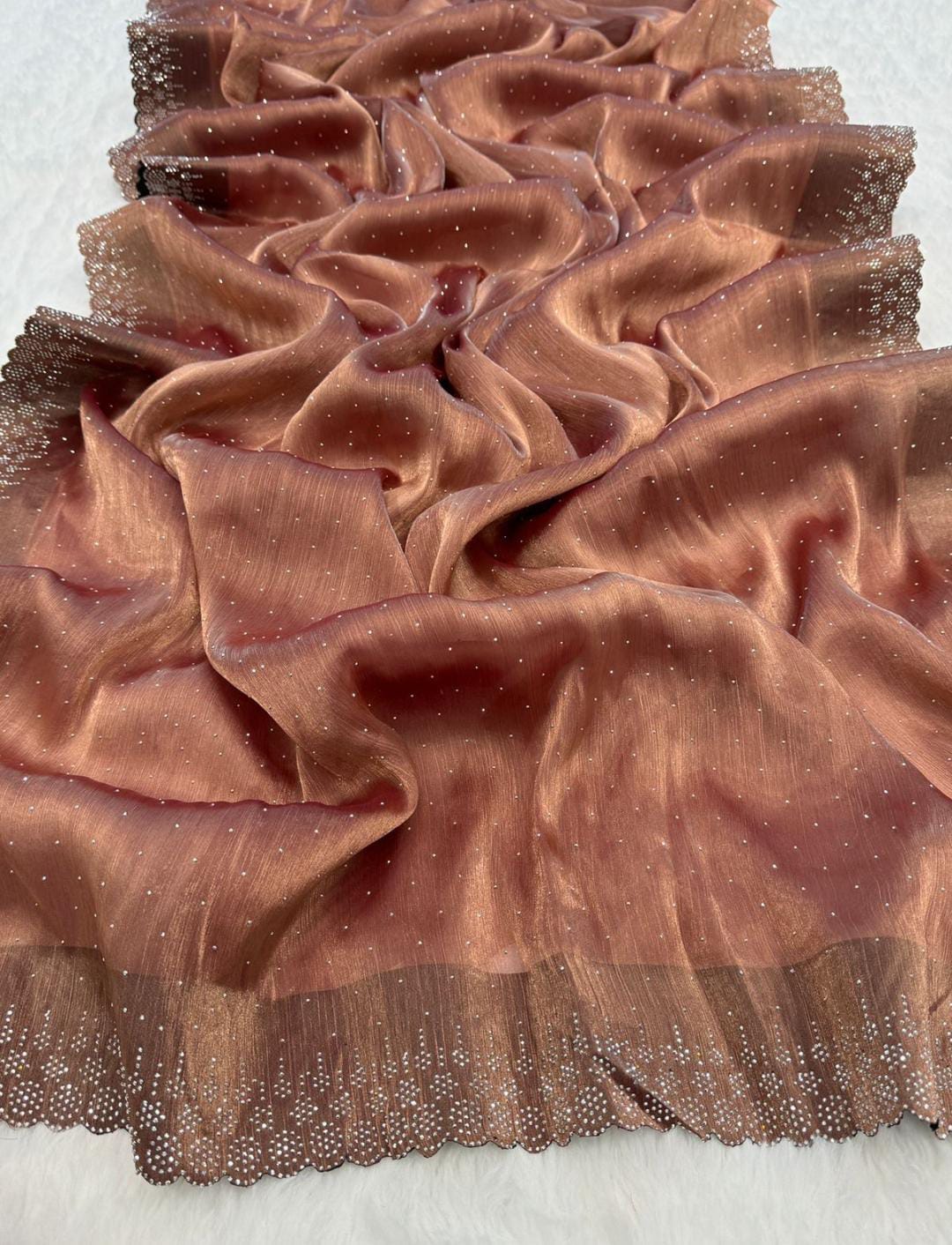 Mesmerizing Brown stone work Saree with Stitched Blouse