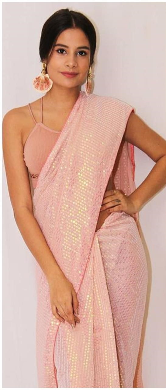 Partywear Pastel Peach Bollywood Sequin Saree with Stitched Blouse