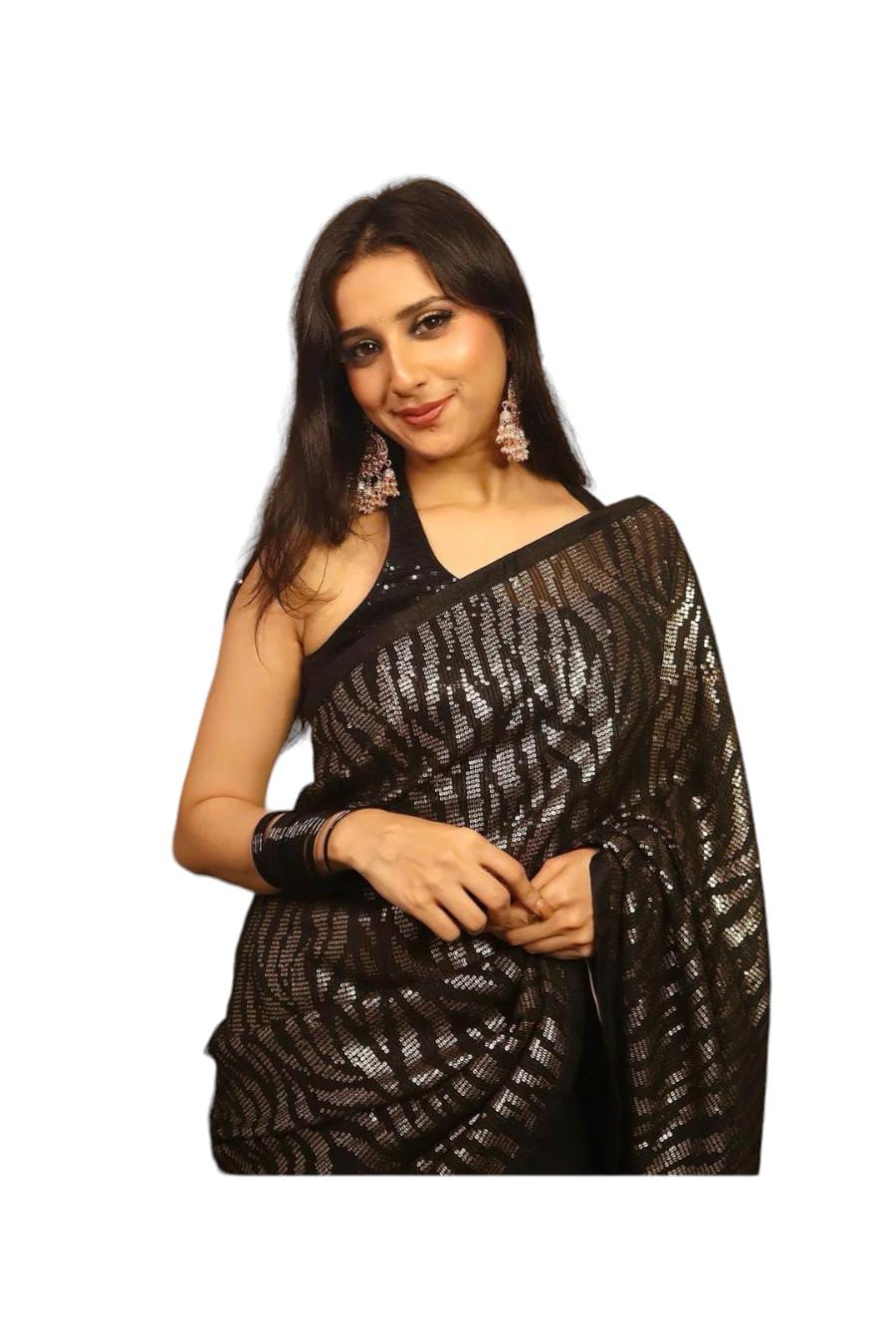 Dazzling Golden Sequin Work Saree with Stitched Blouse