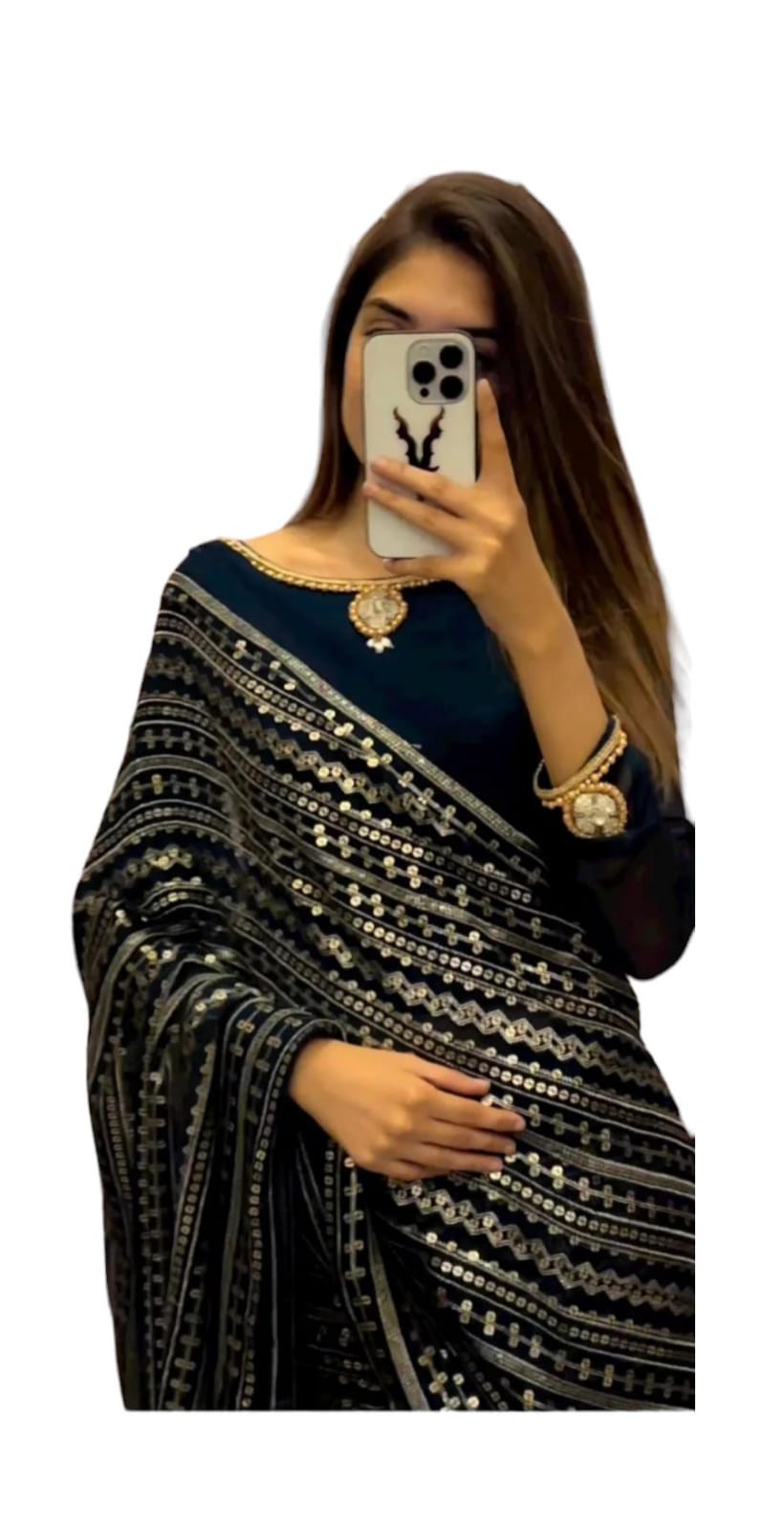 Partywear Teal Blue Sequin Saree with Stitched Blouse