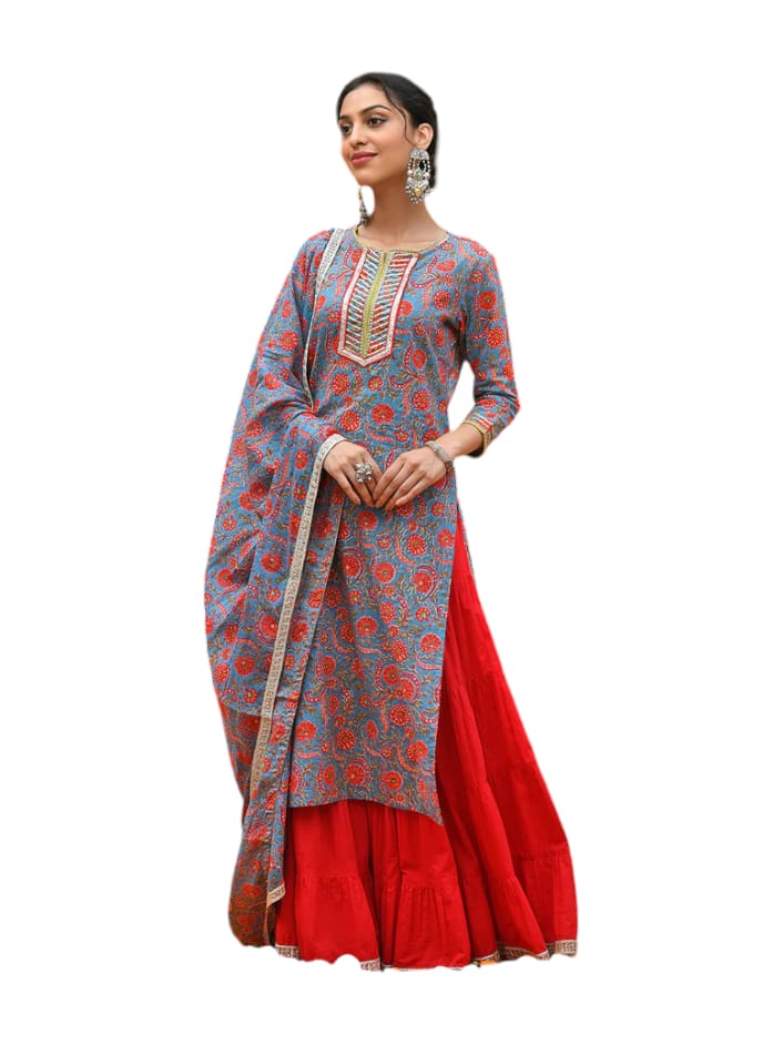 Floral Printed Kurta and Sharara set with Dupatta