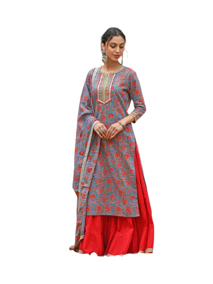 Floral Printed Kurta and Sharara set with Dupatta