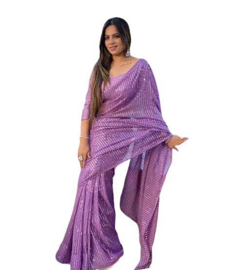 Partywear Lavender Bollywood Sequin Saree with Stitched Blouse