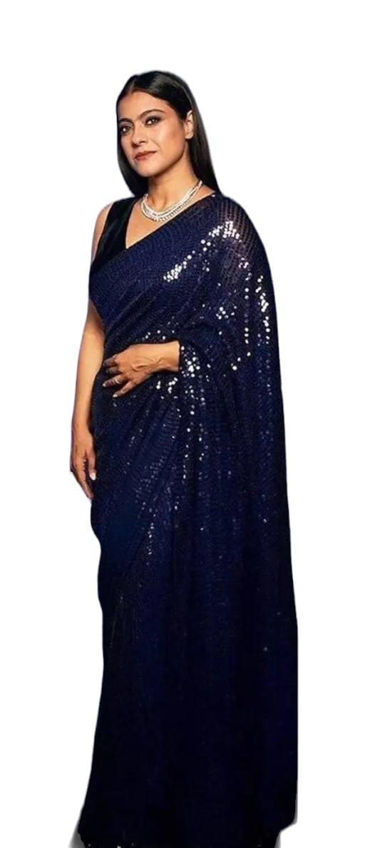 Partywear Bollywood Navy Sequin Saree with Stitched Blouse