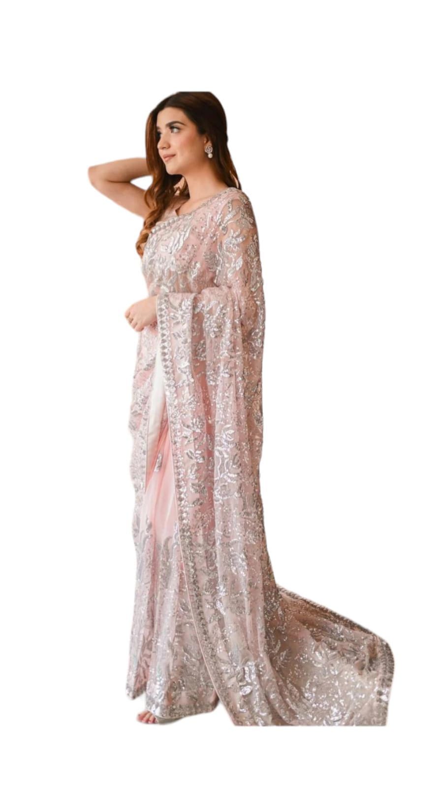 Pretty Pastel Pink Sequin Saree with Stitched Blouse