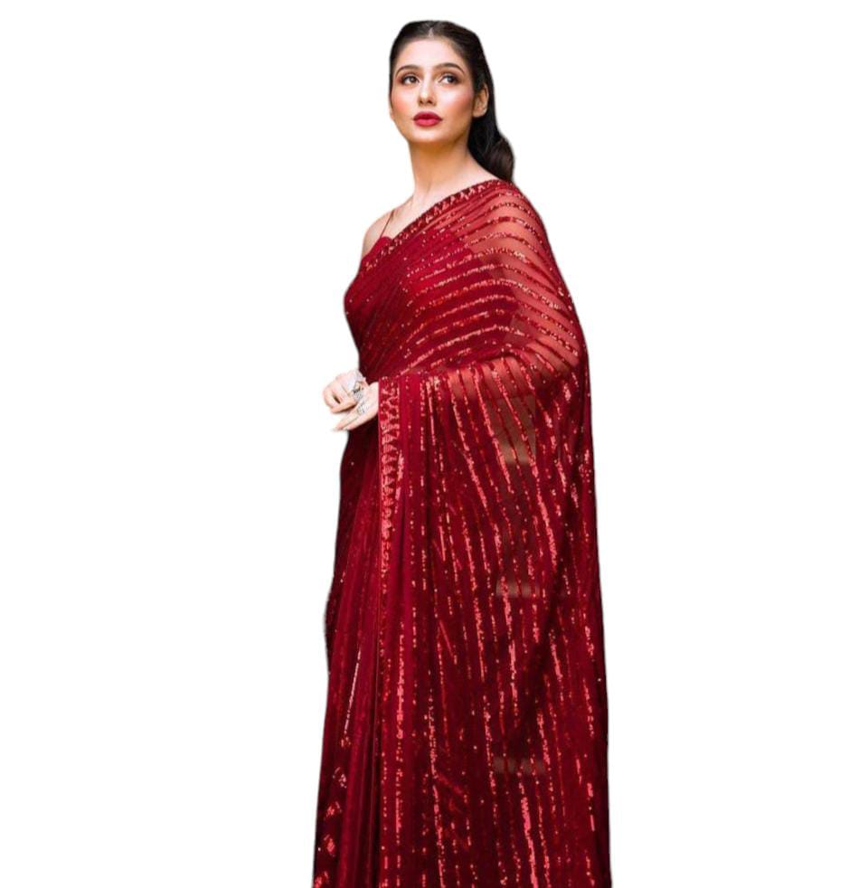 Maroon Sequin Saree with Stitched blouse